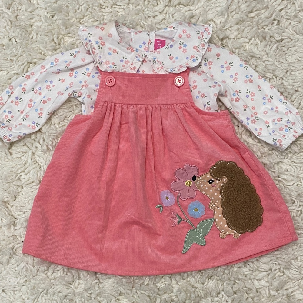 Good lad baby girl  size 12mo Pink Corduroy Dress with Floral Top cozy hedgehog
